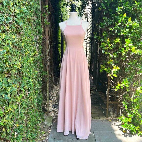 Lulus Bridesmaids Dress Maxi Open Back Lace up Blush Pink Peach Small - Picture 2 of 10